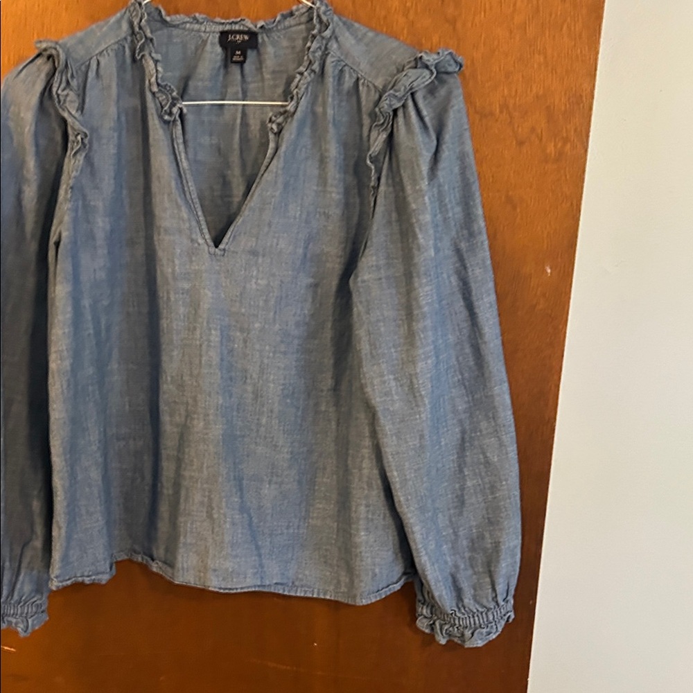 J. Crew Chambray Ruffle V-Neck Blouse